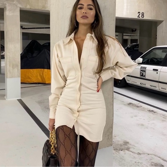 Zara | Blogger Fav Off-White Button-Up Cinched Waist Button Down Dress ~ Small - Picture 2 of 11